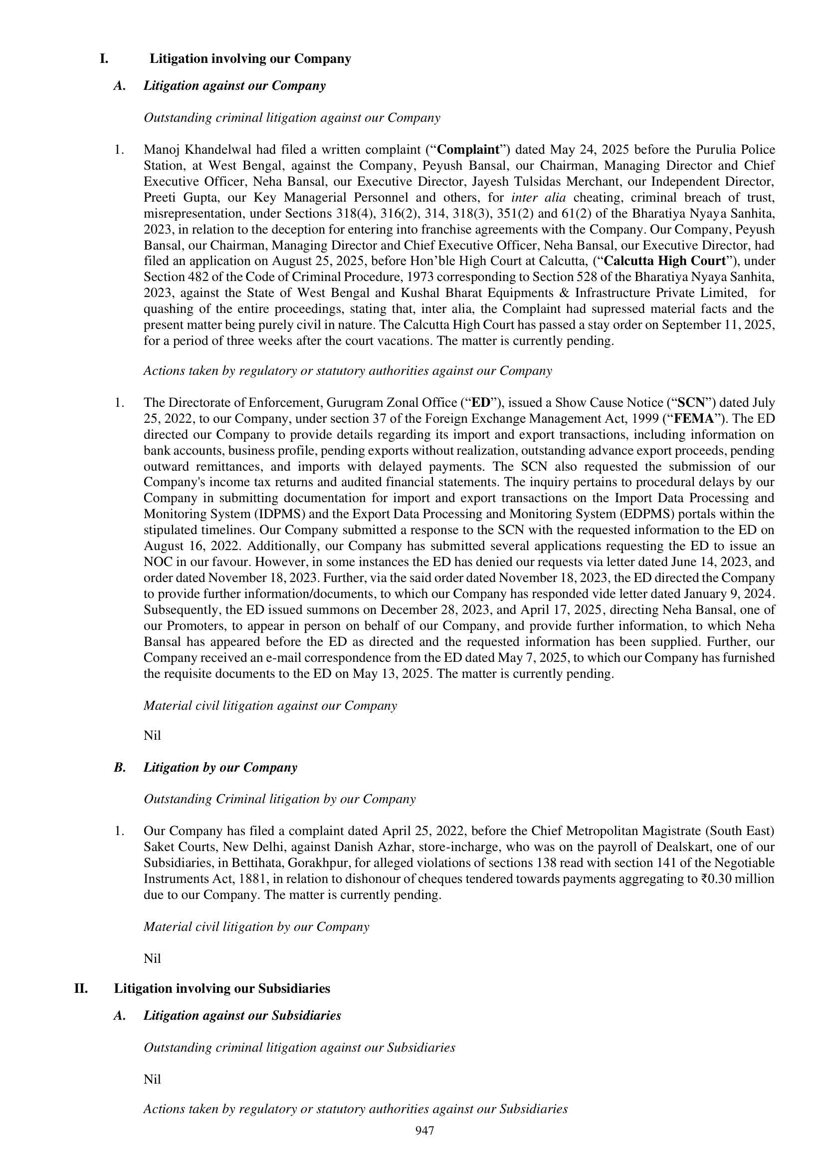 Lenskart Solutions — IPO RHP (2025), Outstanding Litigation